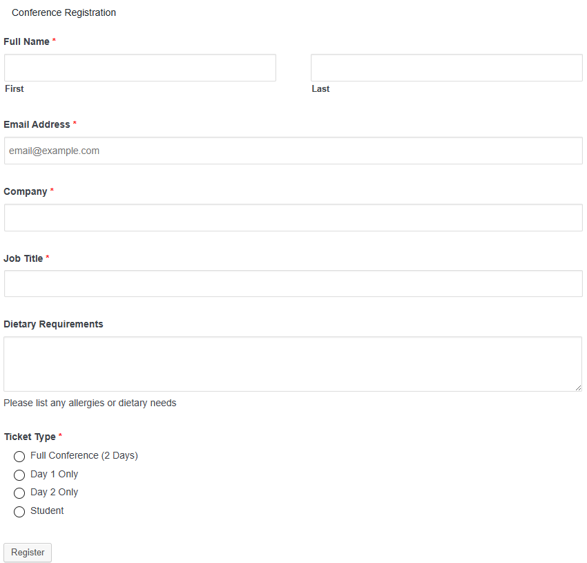 The generated conference registration form in the Custom Contact Forms builder