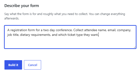WordPress AI form generator creating a conference registration form in Custom Contact Forms