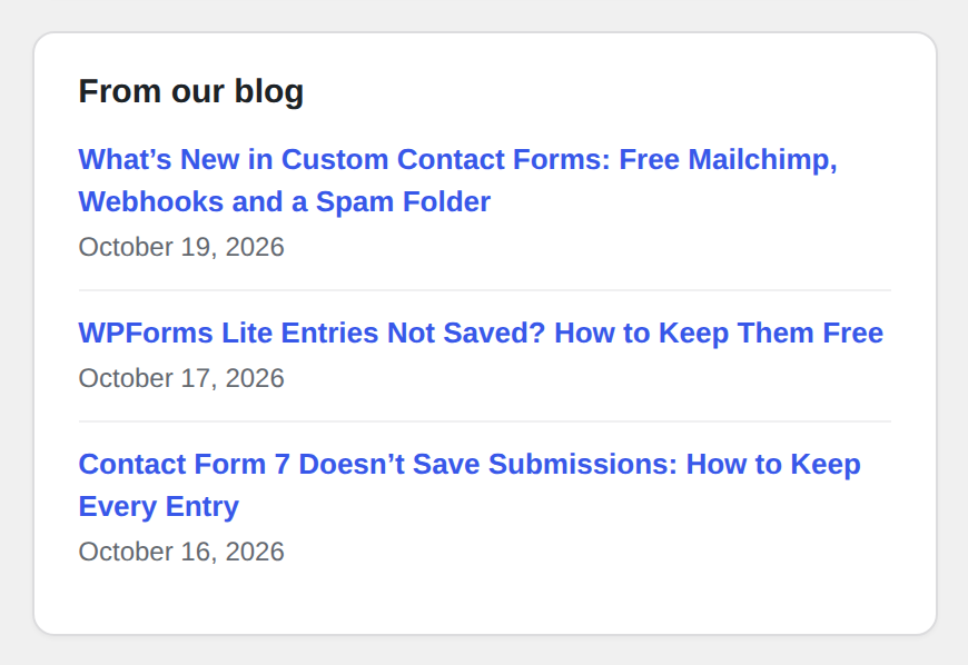 The From our blog panel on the Custom Contact Forms dashboard, listing the three latest posts with their dates
