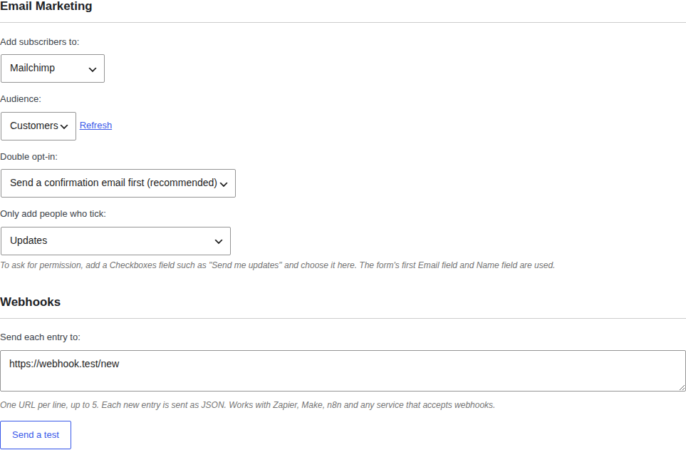 Form settings with Mailchimp audience, double opt-in, consent checkbox and webhook URL