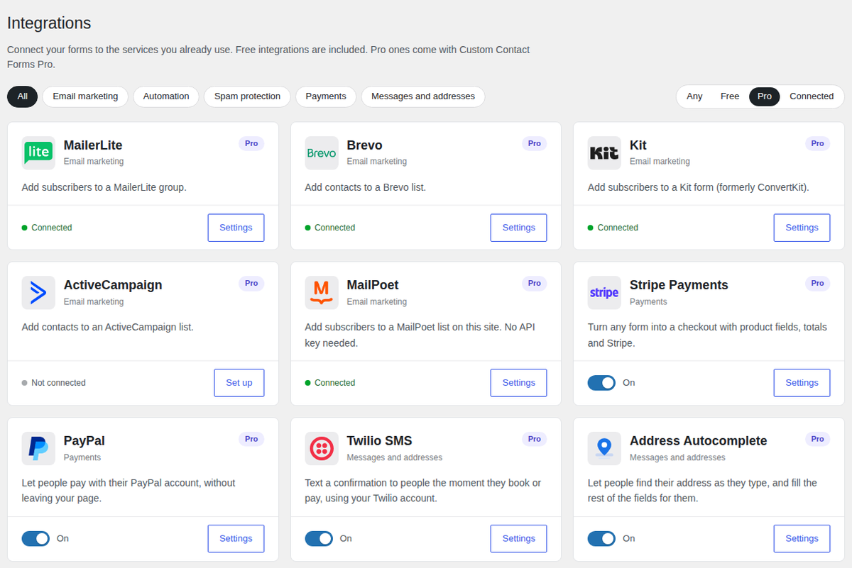 Pro integrations: MailerLite, Brevo, Kit, ActiveCampaign, MailPoet, Stripe, PayPal, Twilio SMS and Address Autocomplete