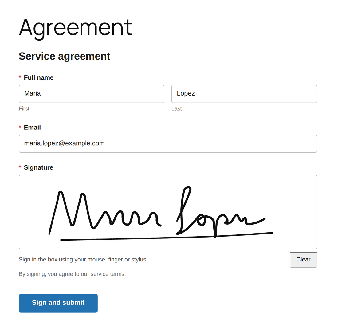 A service agreement form with a signature field signed by mouse