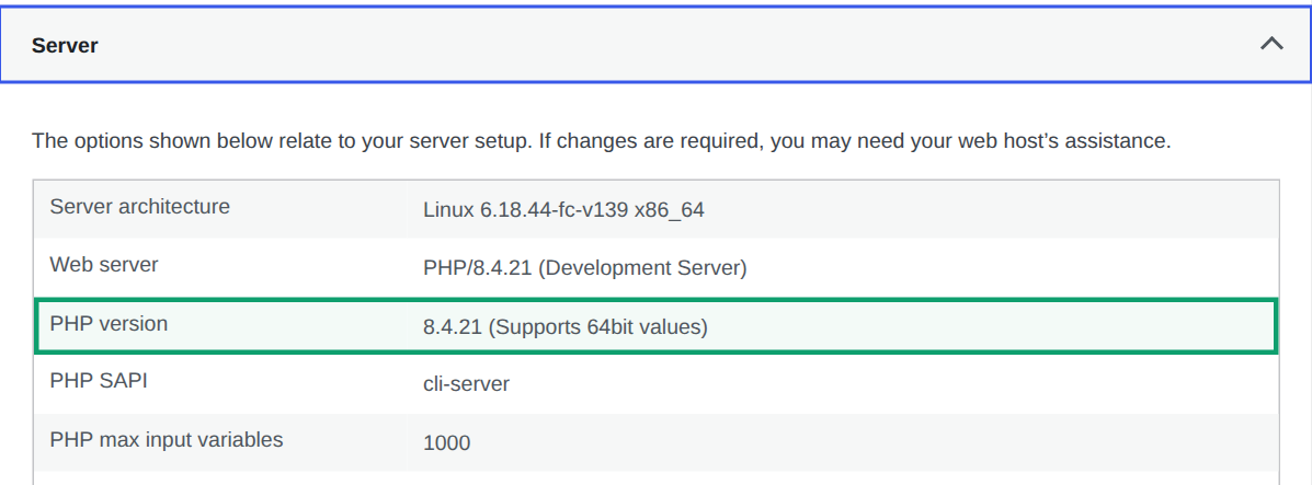 WordPress Site Health Info screen with the Server section open and the PHP version row highlighted