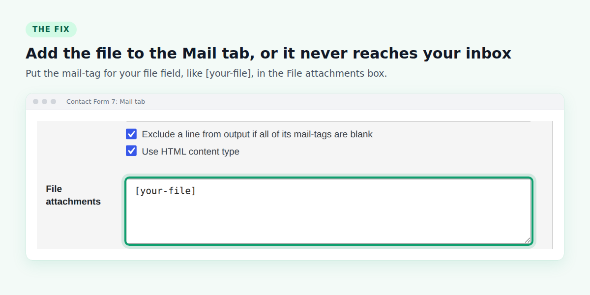 Contact Form 7 Mail tab with the mail-tag your-file entered in the File attachments box