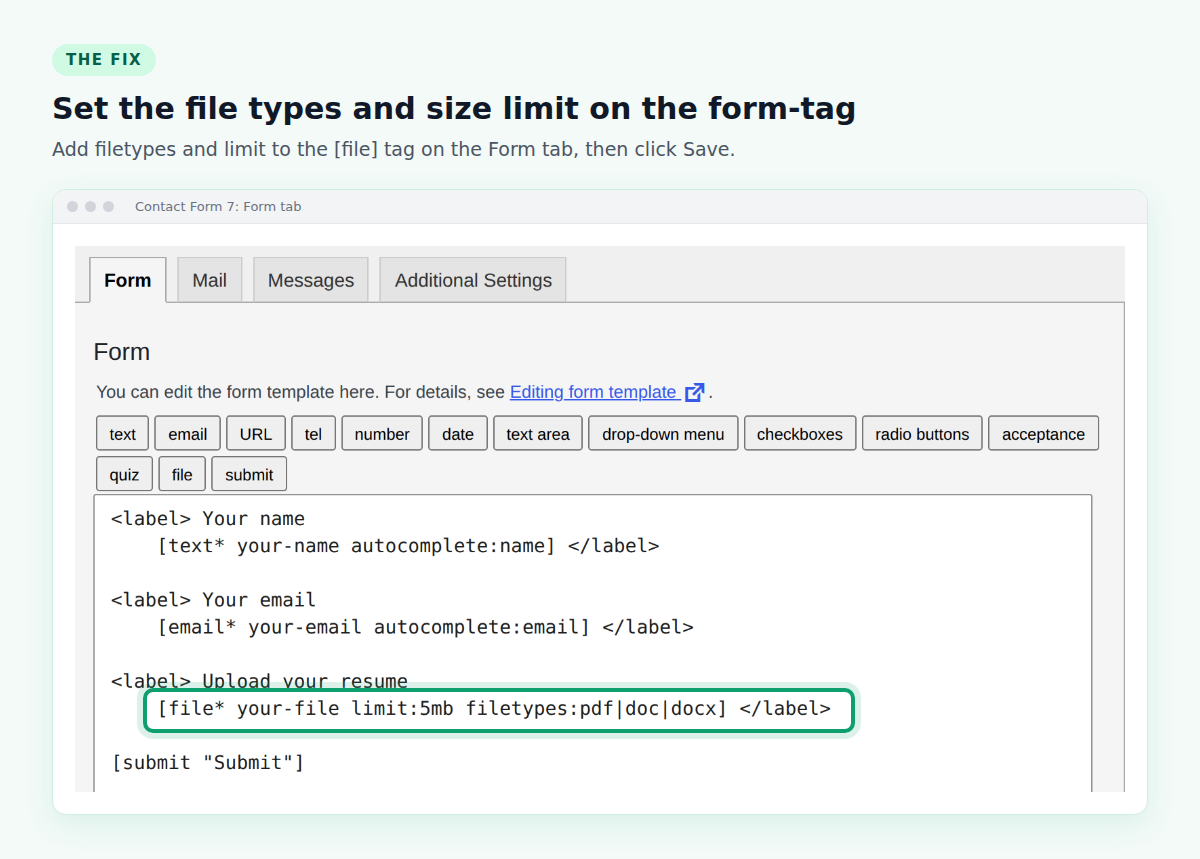 Contact Form 7 Form tab with the file form-tag changed to allow pdf, doc and docx files up to 5 MB