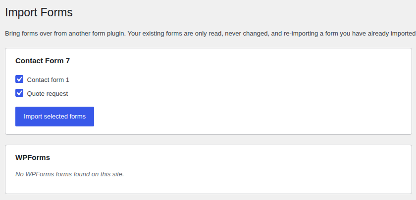 The Import Forms screen in Custom Contact Forms listing two Contact Form 7 forms, Contact form 1 and Quote request, ready to import
