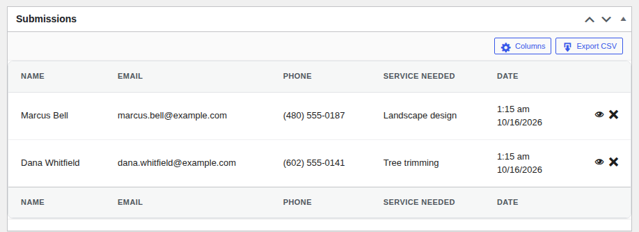 Saved form submissions in Custom Contact Forms showing name, email, phone, service needed and date, with an Export CSV button