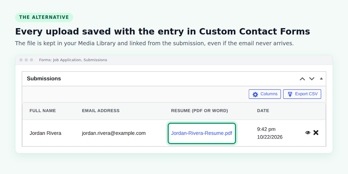 Custom Contact Forms submissions list with an uploaded PDF resume saved and linked from the entry