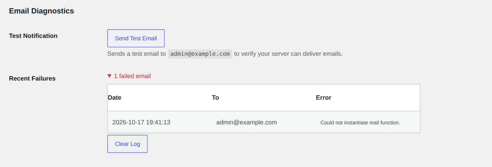 Email Diagnostics in Custom Contact Forms settings with a Send Test Email button and a failure log showing the error Could not instantiate mail function