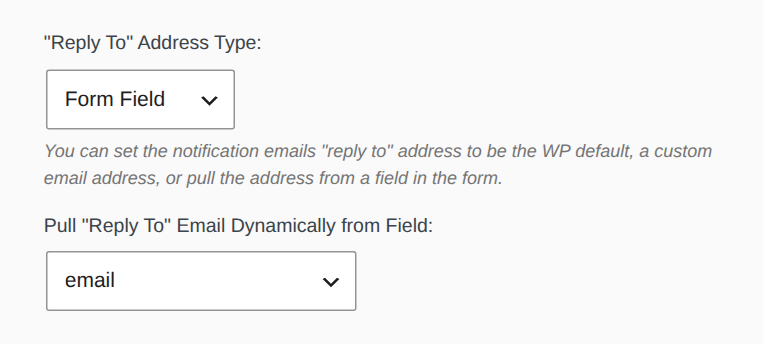 Notification settings with Reply To Address Type set to Form Field and the Reply To email pulled from the email field