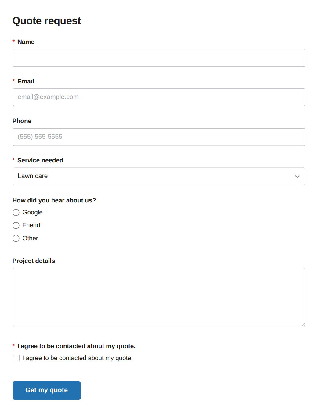 A quote request form imported from Contact Form 7 with name, email, phone, a service dropdown, radio buttons, project details and a consent checkbox