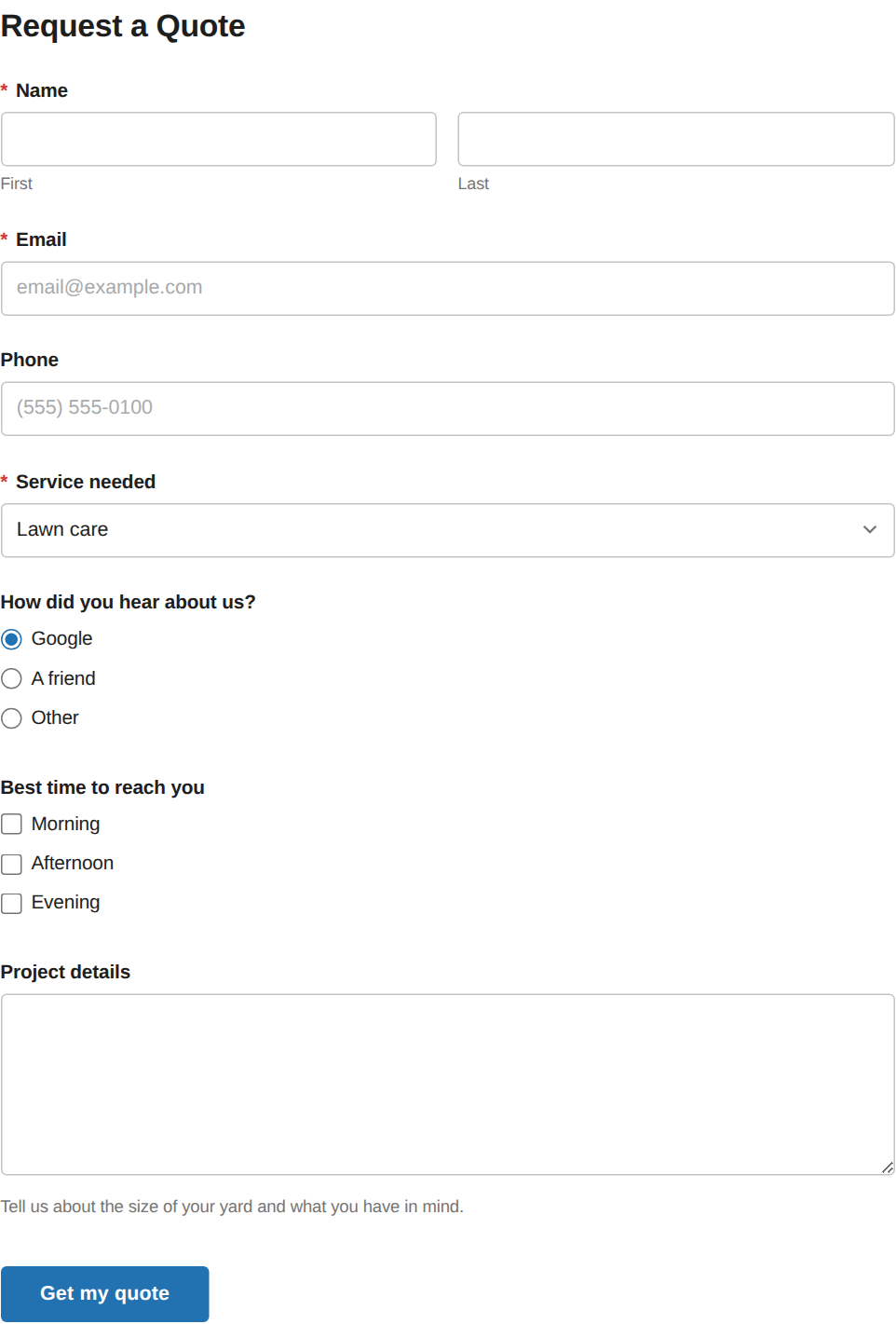 A quote request form imported from WPForms with first and last name, email, phone, a service dropdown, radio buttons, checkboxes and a project details box