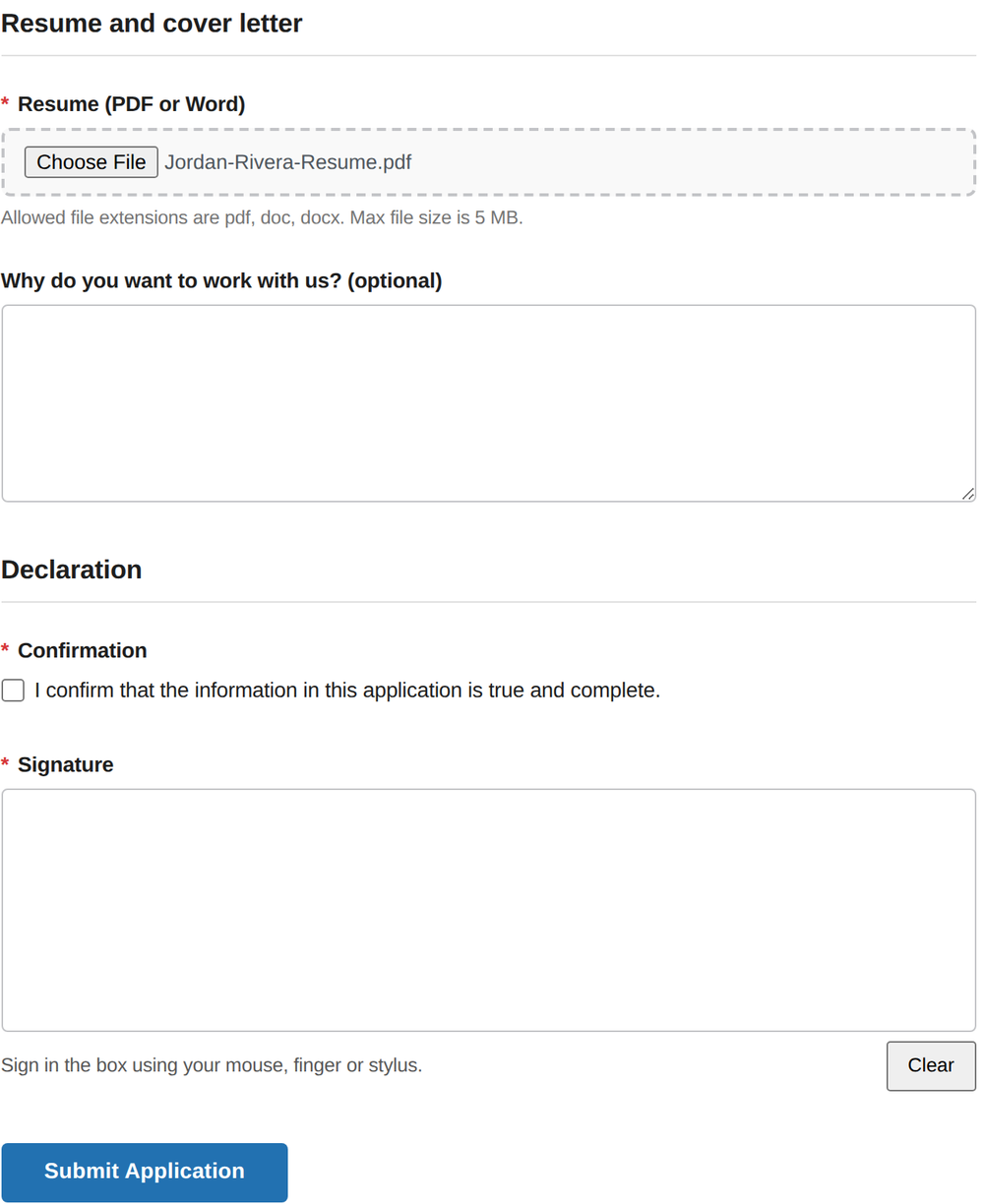Job application form resume upload limited to PDF and Word files up to 5 MB, an optional cover letter box, a confirmation checkbox and a signature box