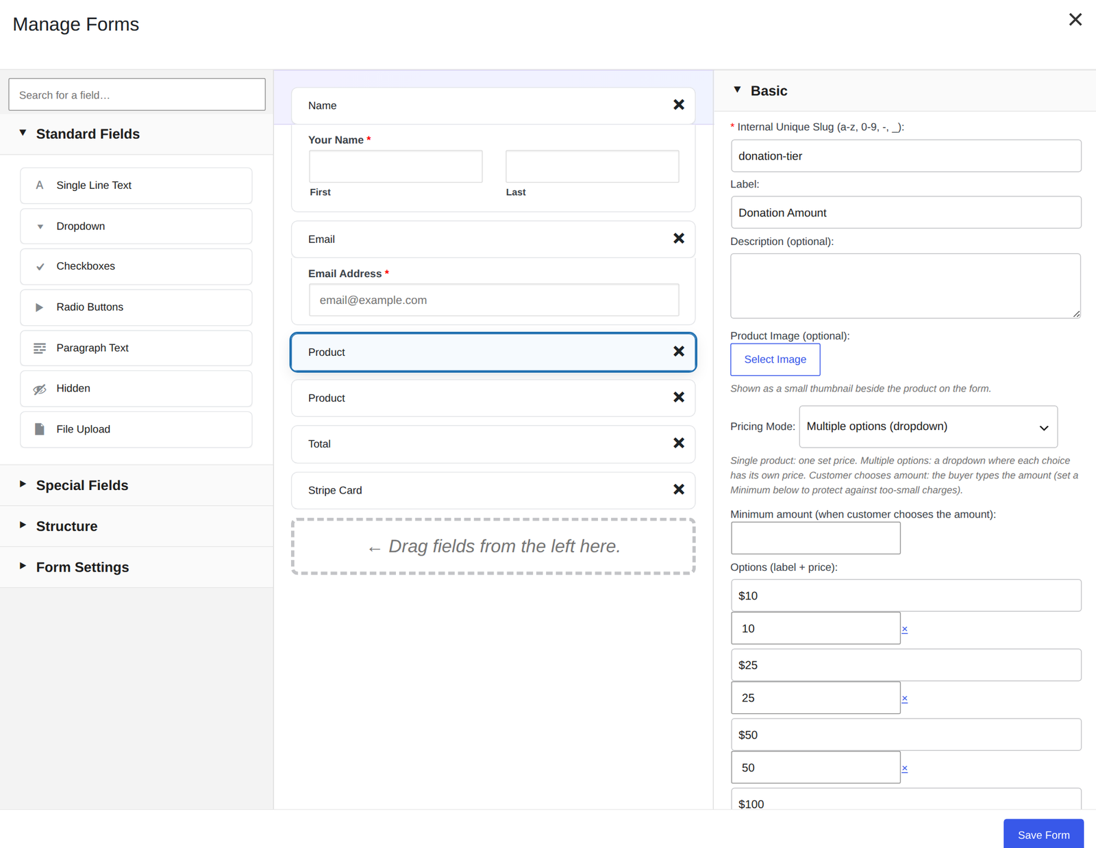 The Custom Contact Forms builder with Product, Total and Stripe Card fields, and the Product field's pricing settings