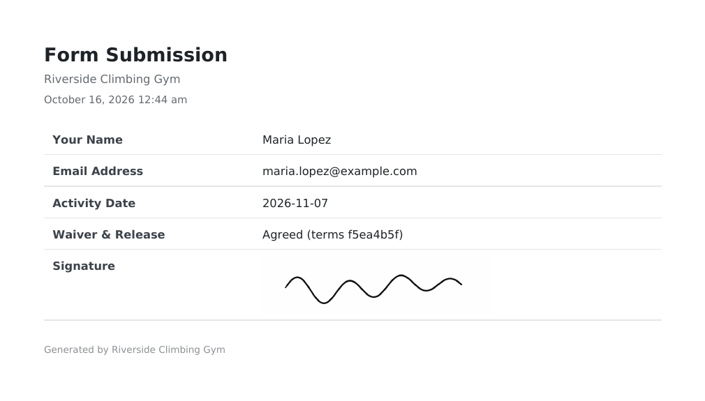 A PDF record of a signed waiver showing the participant's name, email, activity date, the terms version agreed to and the drawn signature