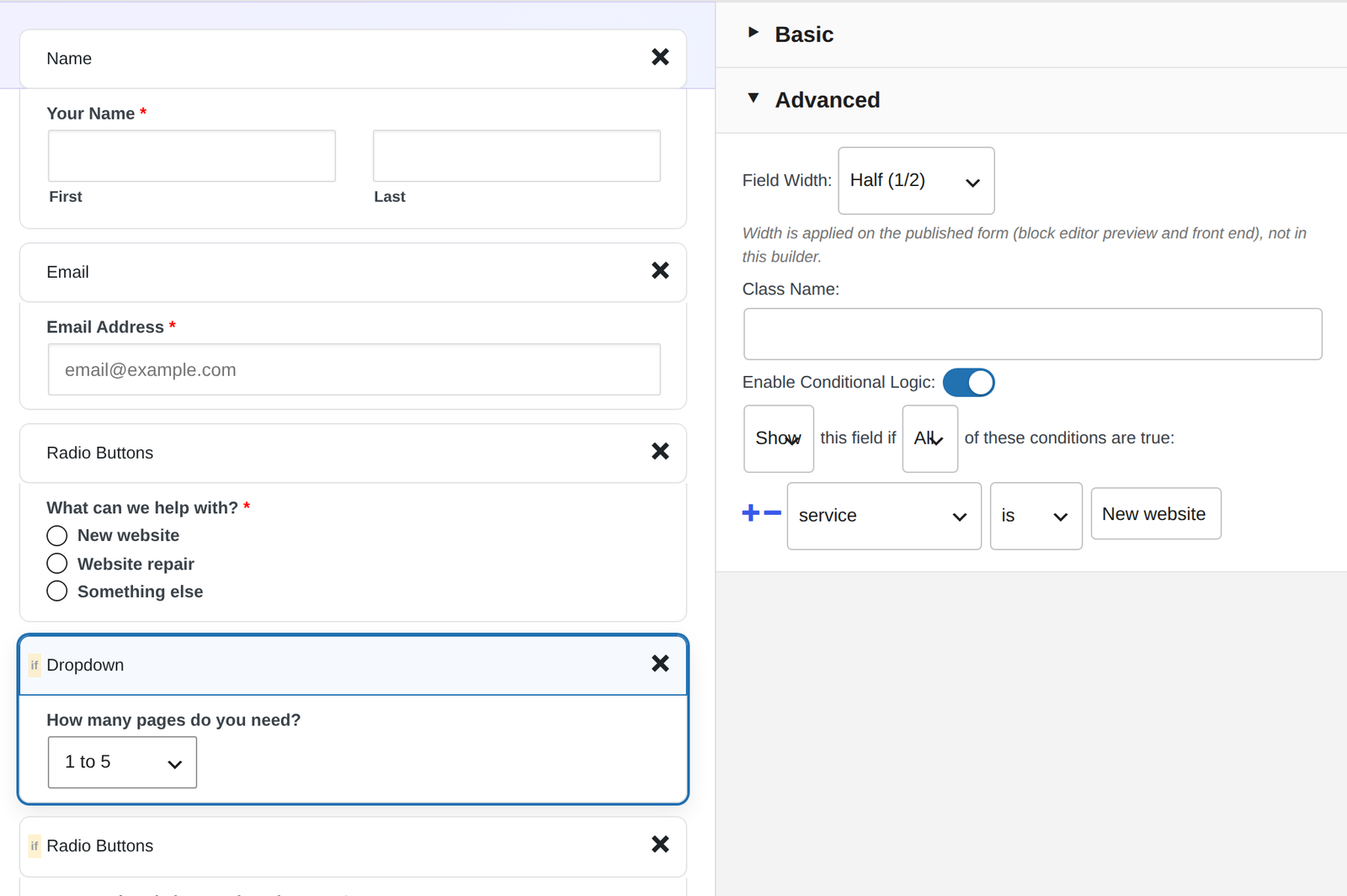 WordPress form conditional logic settings in Custom Contact Forms: Enable Conditional Logic switched on, with the rule Show this field if All of these conditions are true, service is New website