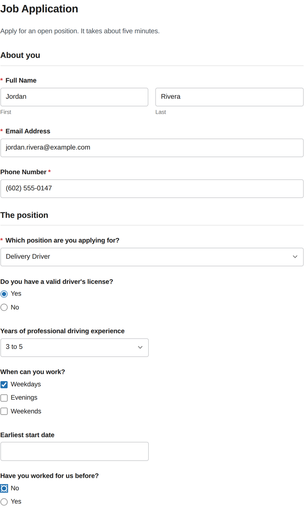 WordPress job application form with name, email and phone, a position dropdown set to Delivery Driver, driver's license and driving experience questions that appear only for drivers, availability and a start date