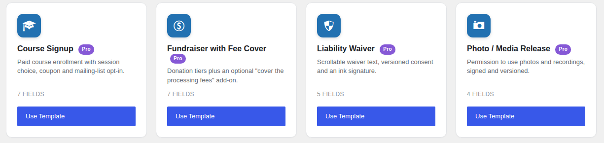 Form Templates screen in Custom Contact Forms Pro showing the Liability Waiver template next to Photo / Media Release