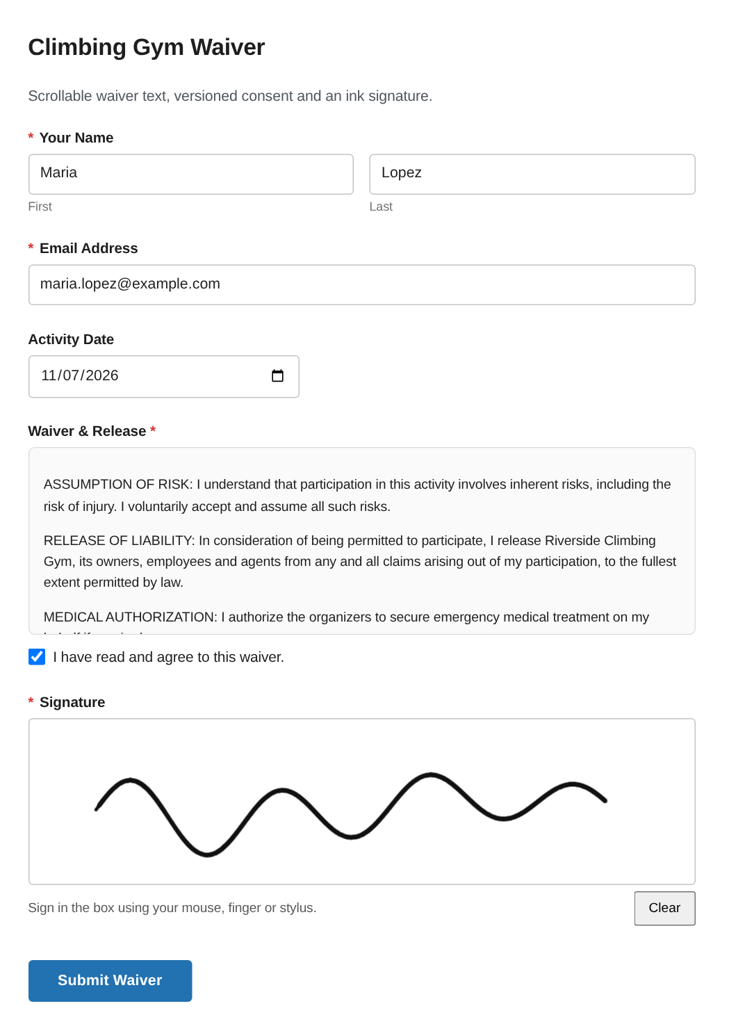 A signature waiver form in WordPress with name, email, activity date, scrollable waiver terms, an agreement checkbox and a drawn signature