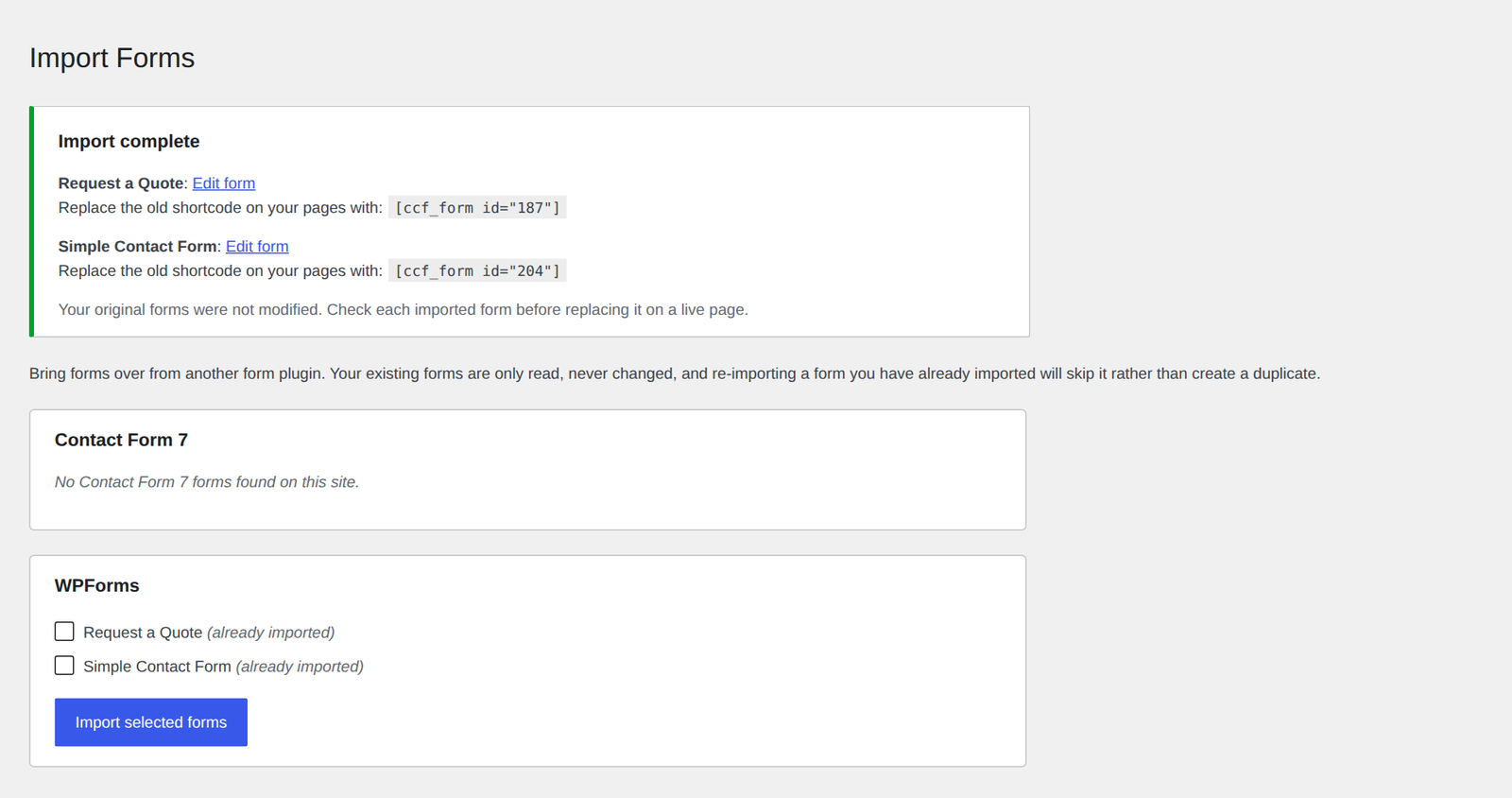 Import complete report showing the new shortcode for each imported WPForms form