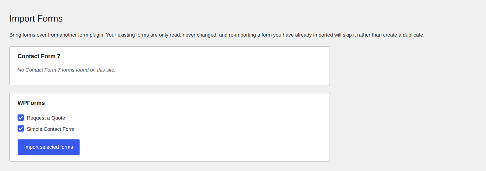 The Import Forms screen in Custom Contact Forms listing two WPForms forms, Request a Quote and Simple Contact Form, ready to import