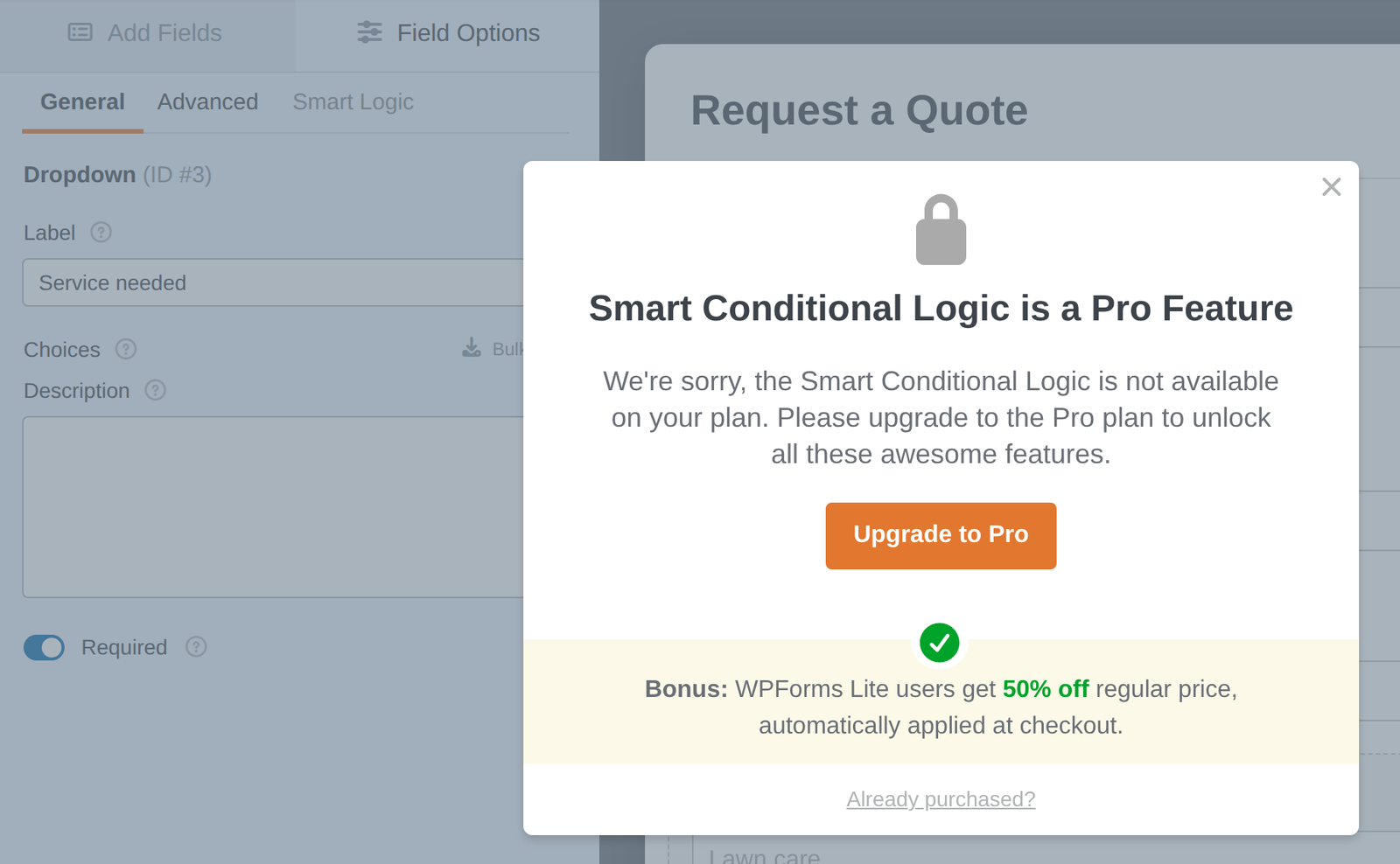 WPForms Lite builder showing the message Smart Conditional Logic is a Pro Feature after clicking the Smart Logic tab