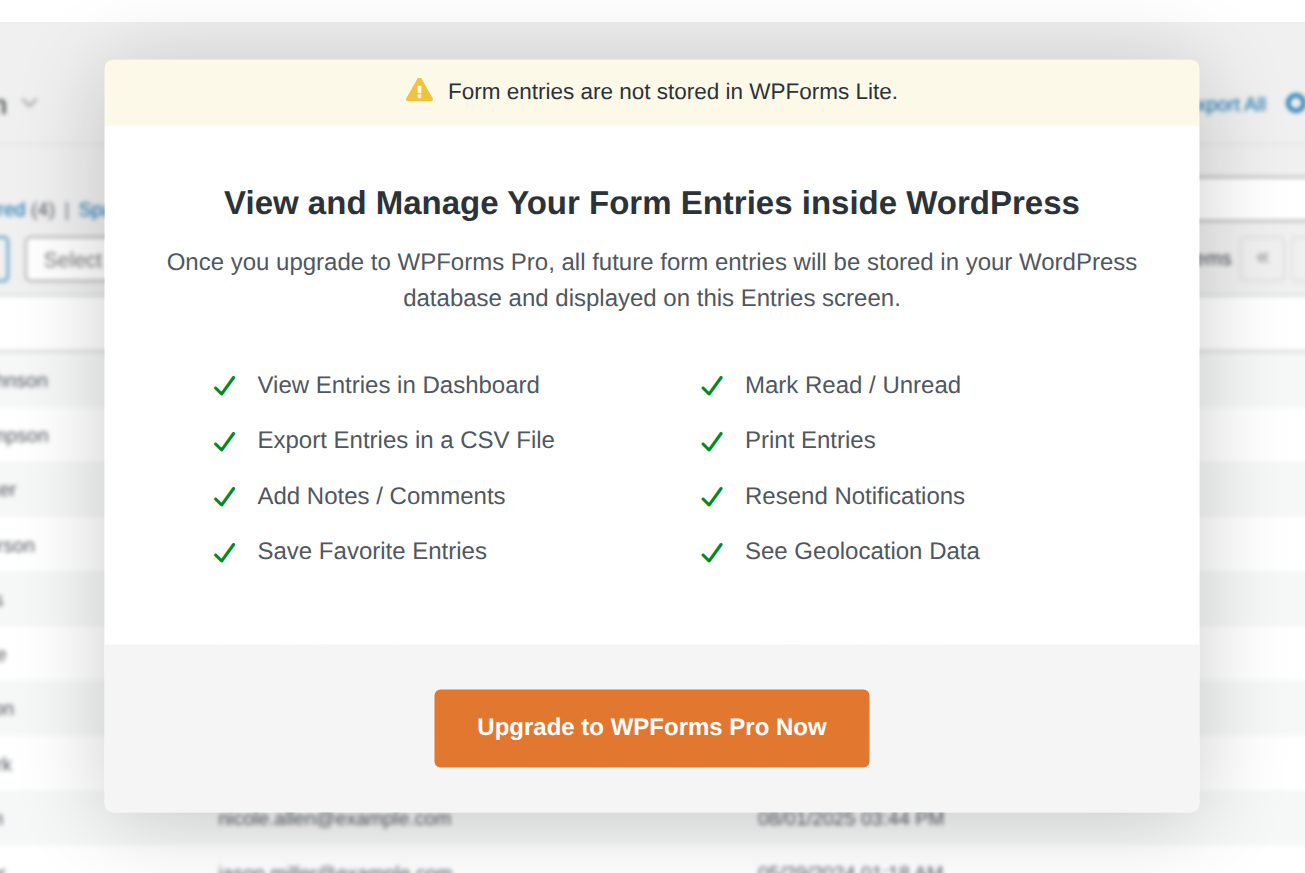 The WPForms Lite Entries screen with the notice Form entries are not stored in WPForms Lite, and an offer to upgrade to WPForms Pro