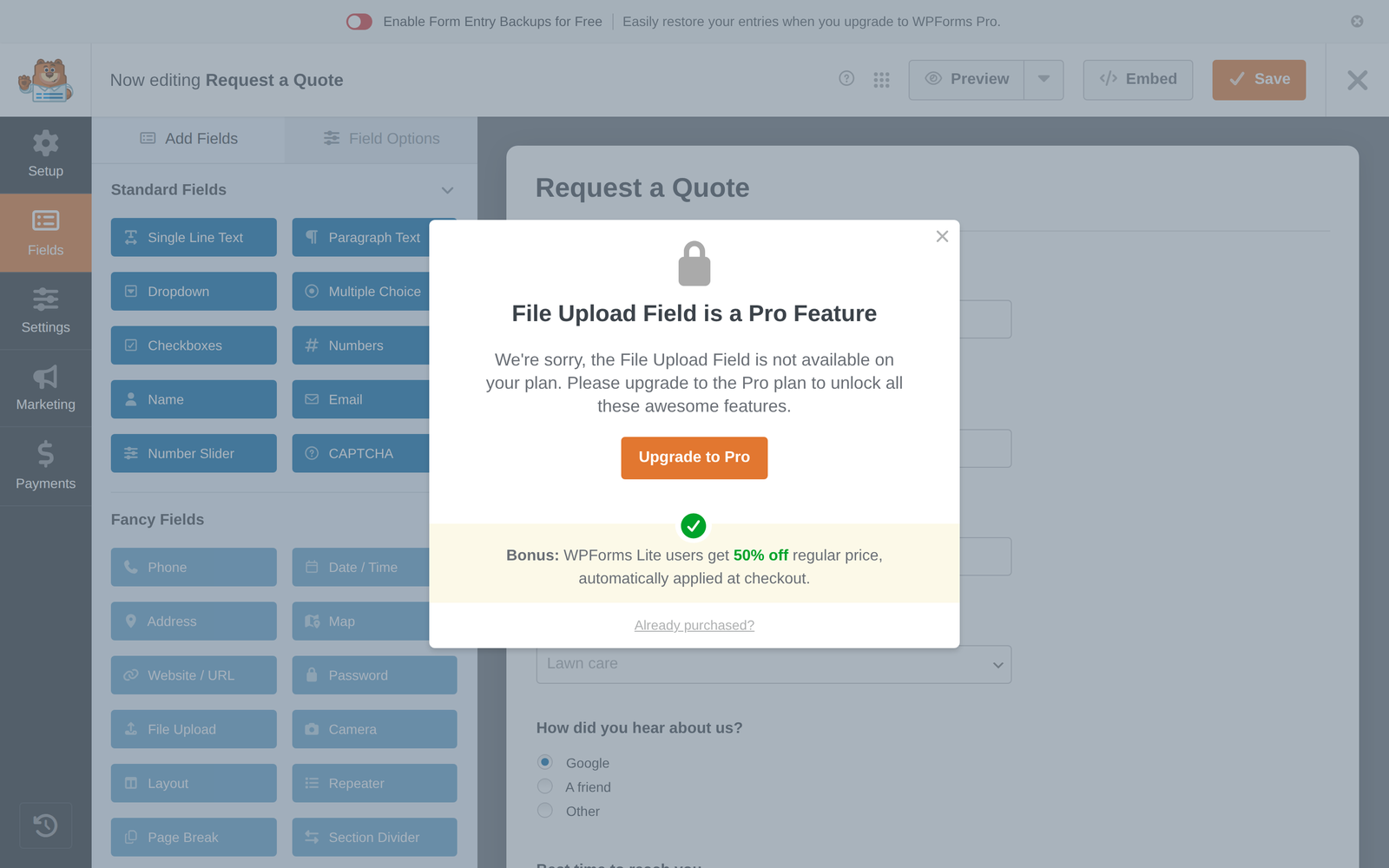 WPForms Lite alternative: the WPForms Lite builder showing the message File Upload Field is a Pro Feature, with Phone, Date, Address and other Fancy Fields locked
